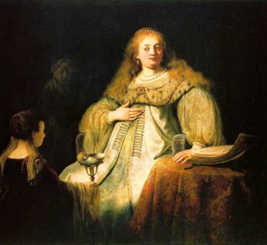 A dark Rembrandt portrait of a red-haired woman