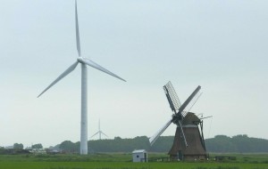 windmills old and new in The Netherlands countryside