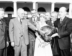 Harry Truman says hi to a live Thanksgiving Turkey