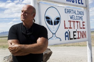 Governor Jesse Ventura posed in front of aliens billboard near Area 51 conspiracy theory
