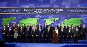 World economic leaders including George Bush pose at summit of financial markets and world eeconomy
