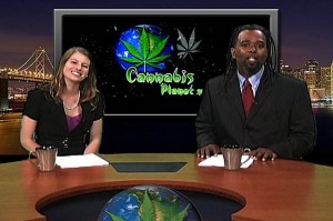 co-anchors and the set of Cannabis Planet TV newsroom