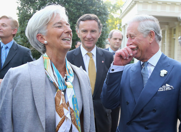 The International Monetary Fund's Chairwoman Christine Lagarde laughs at one of Bonnie Prince Charles' bawdy tales. The International Monetary Fund's Chairwoman Christine Lagarde laughs at one of Bonnie Prince Charles' tales. 
