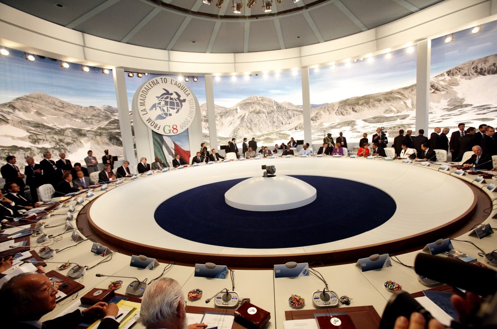 conference room at an alpine G8 summit held in L'Aquila, Italy.