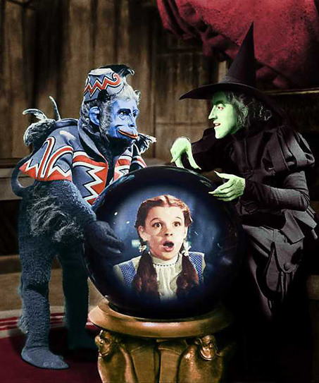 the wicked witch of the west with a flying monkey and dorothy on TV